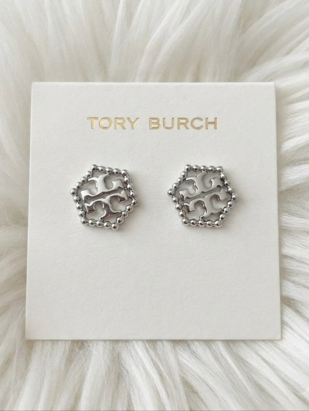 AUTHENTIC TORY BURCH MILGRAIN HEX SILVER STUD EARRING